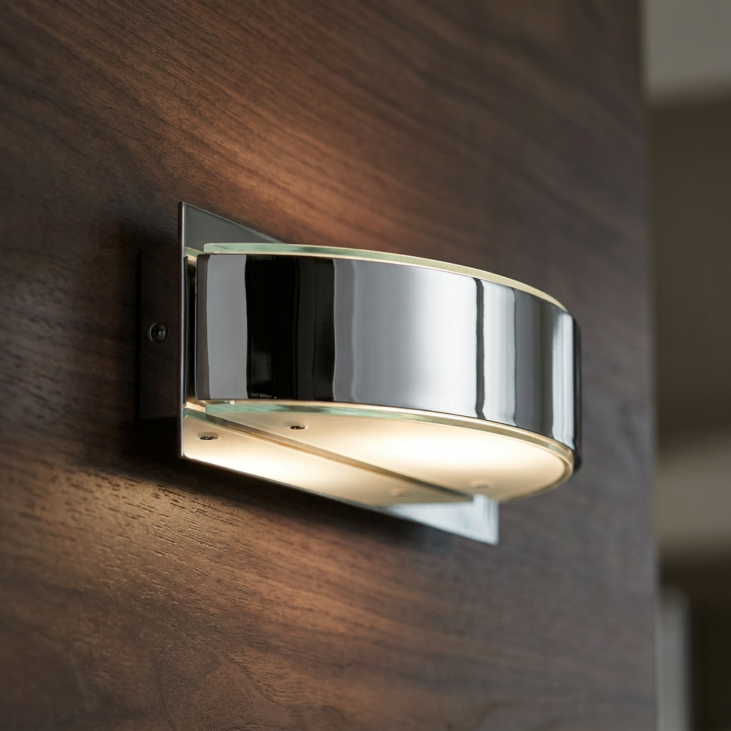 Modern chrome curved wall light with frosted glass panels illuminated on a dark wood wall.