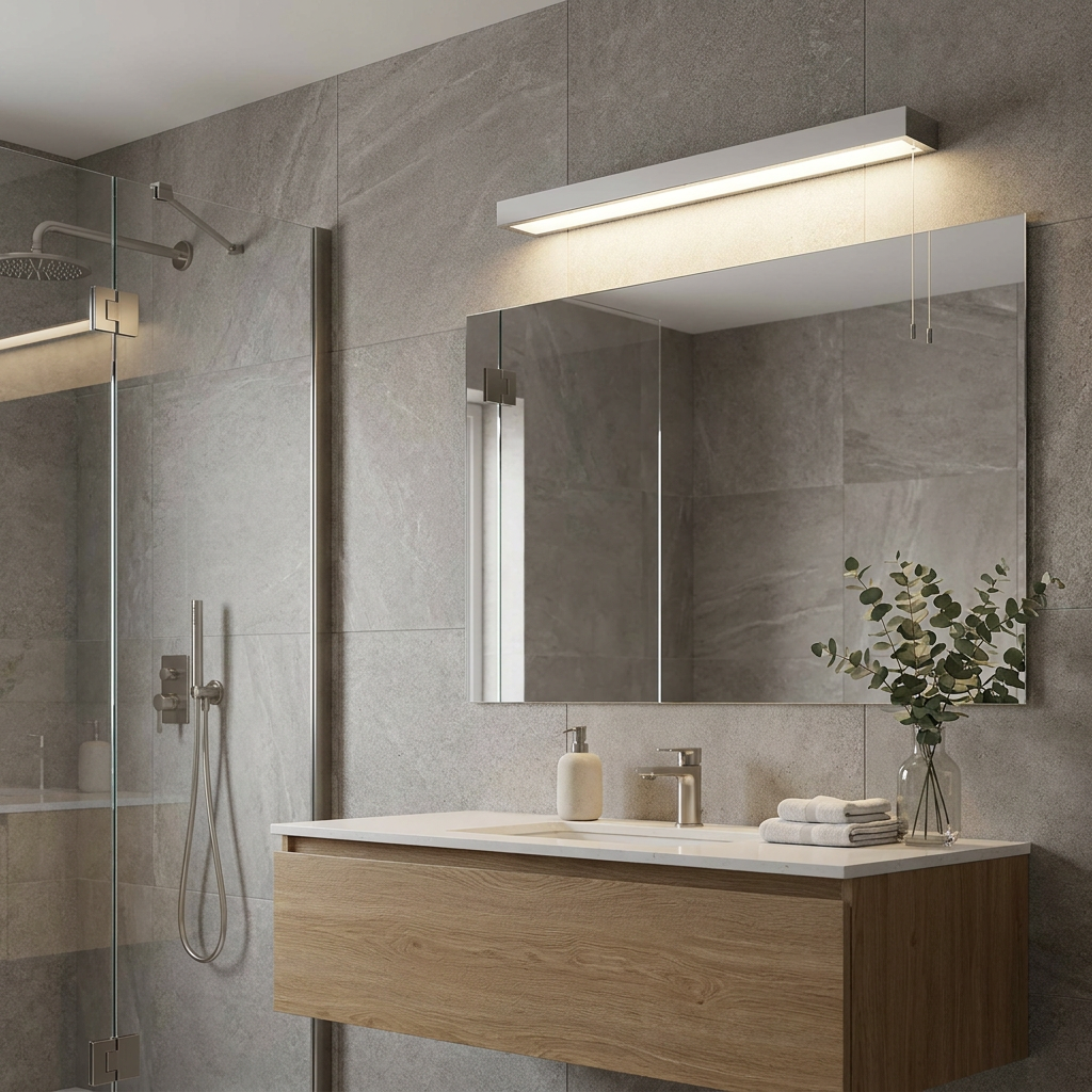 Modern linear chrome wall light illuminating a bathroom mirror above a wooden vanity.
