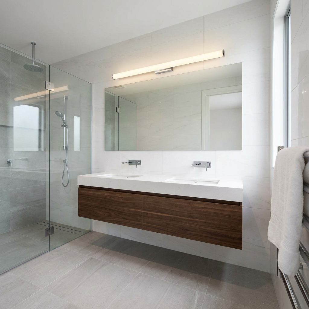 Modern horizontal chrome tube light mounted above a large mirror in a contemporary bathroom with a double vanity.