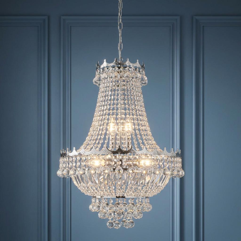 Searchlight Versailles 9 light chrome chandelier with crystal beads and droplets against a blue paneled wall.