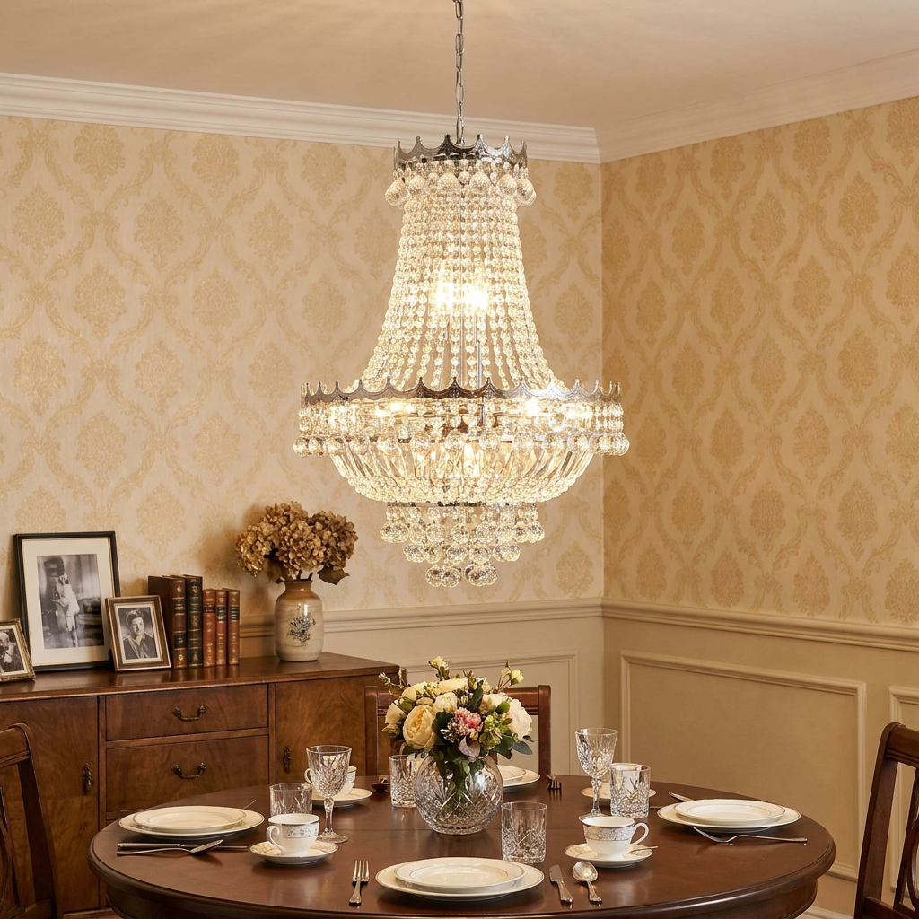 Versailles 9-light chrome chandelier with cascading crystal tiers hanging above a set dining room table.