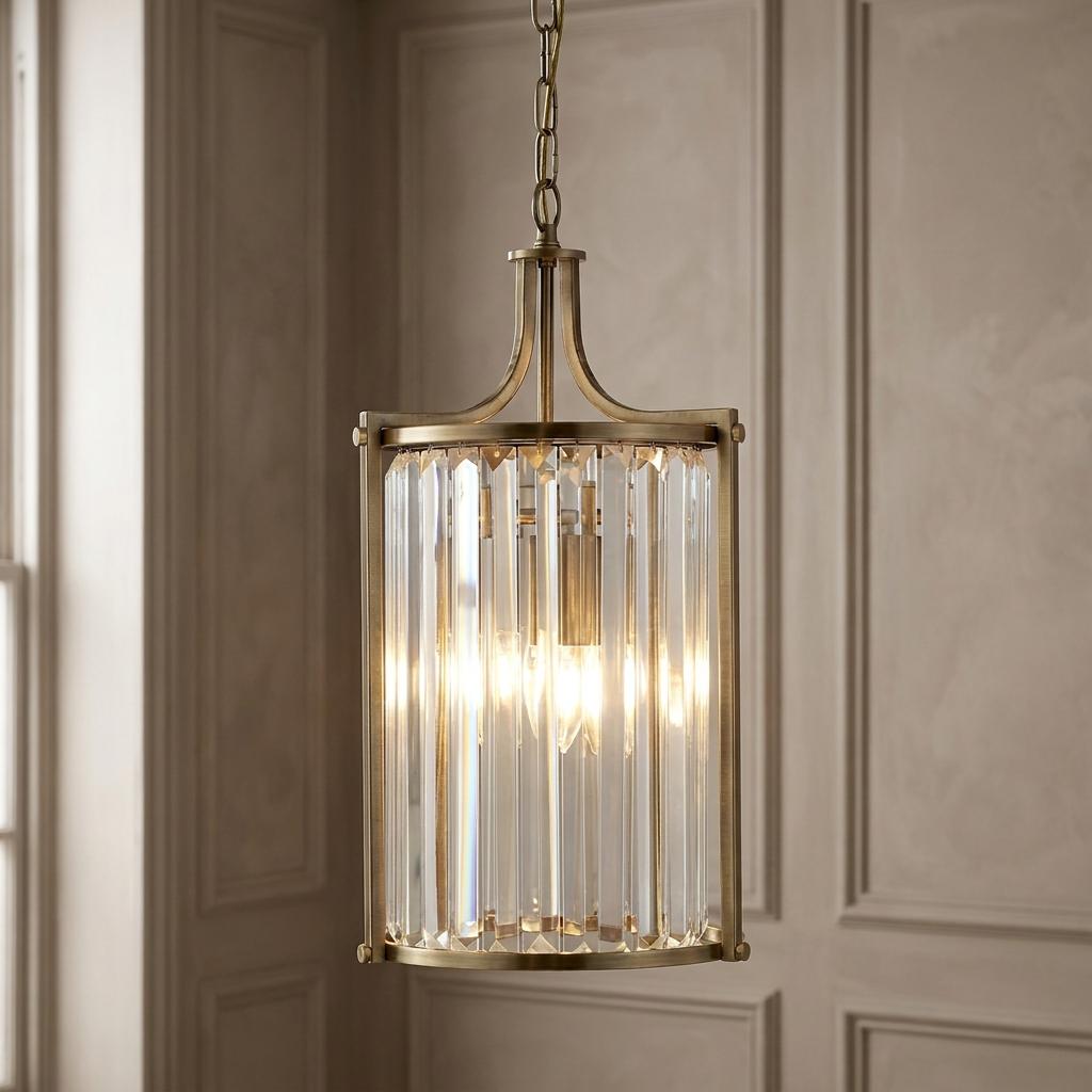 Brass pendant light with a cylindrical crystal prism shade hanging against a neutral paneled wall.