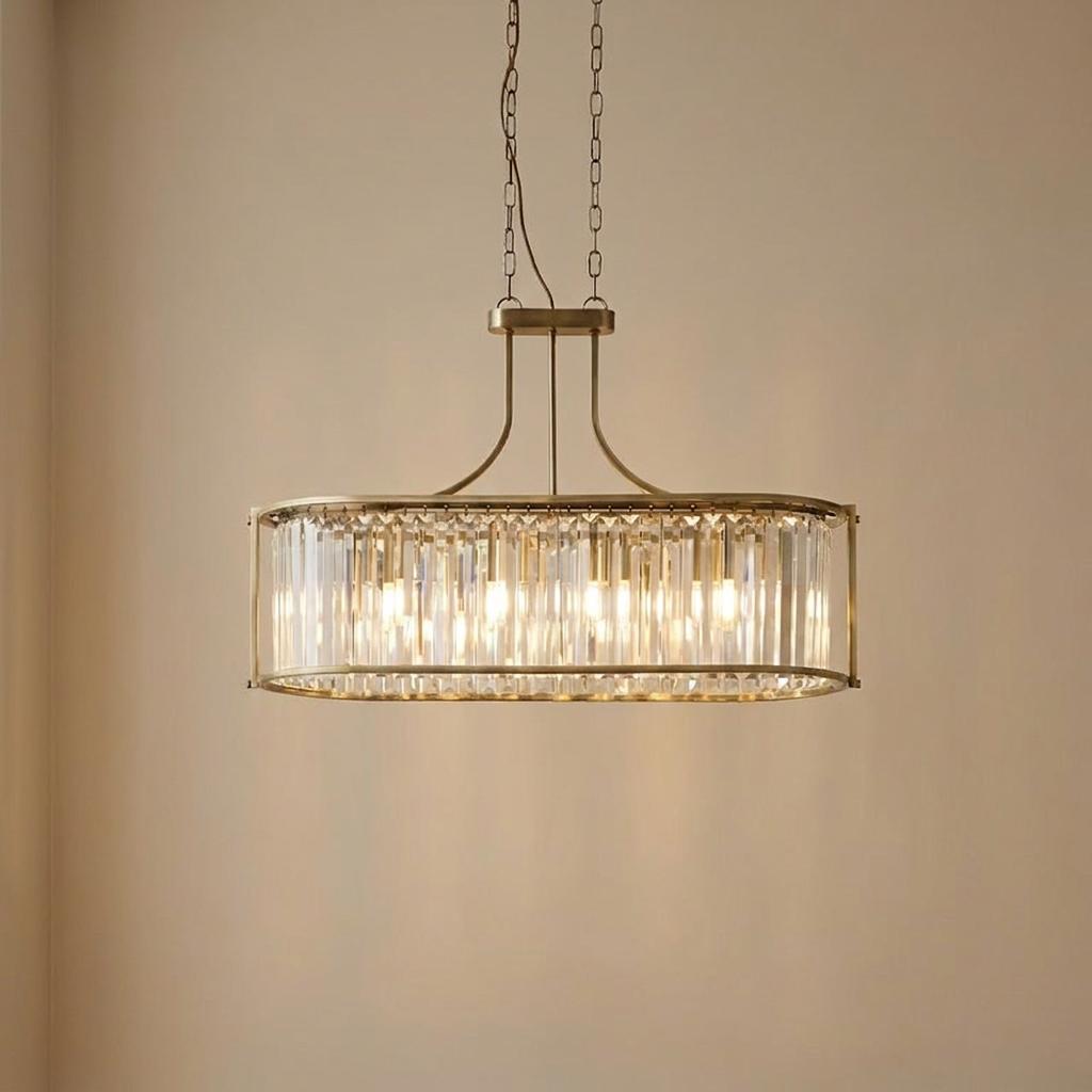 Victoria 5-light brass oval pendant with vertical crystal rods, hanging against a neutral background.