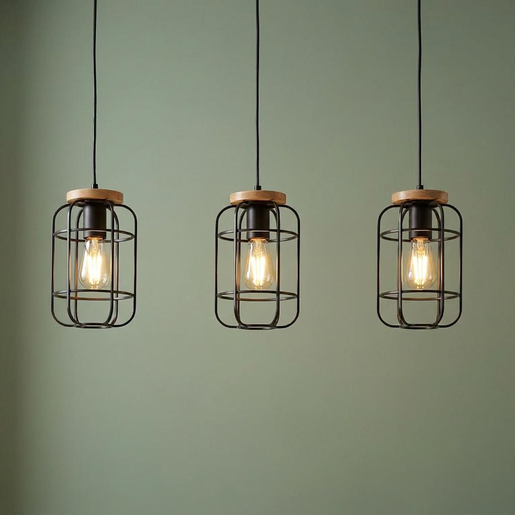 Three black and wood cage pendant lights with glowing Edison bulbs against a sage green wall.