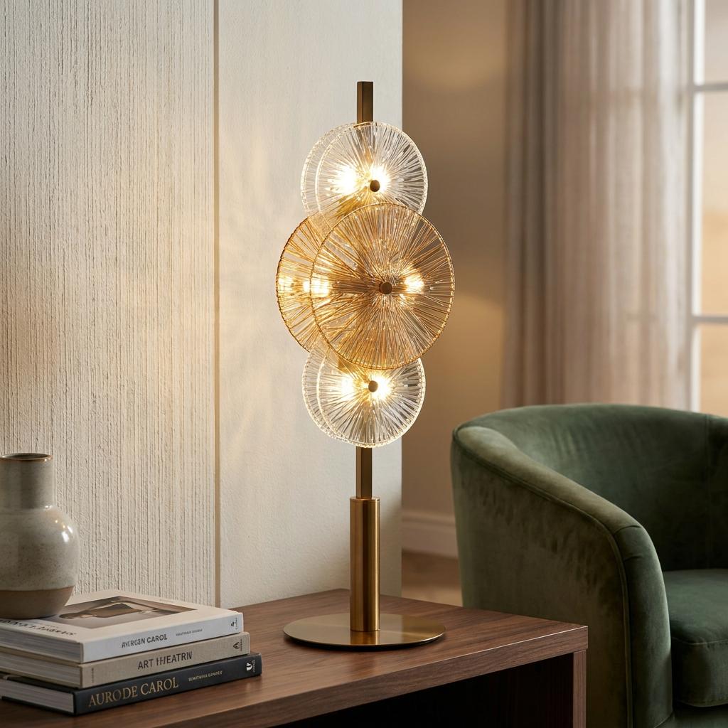 Bronze table lamp with clear and amber wagon-wheel glass discs lit on a wooden side table next to books.