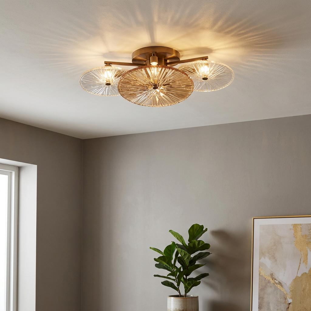 Bronze flush mount ceiling light with textured clear and amber glass discs casting radial shadows.
