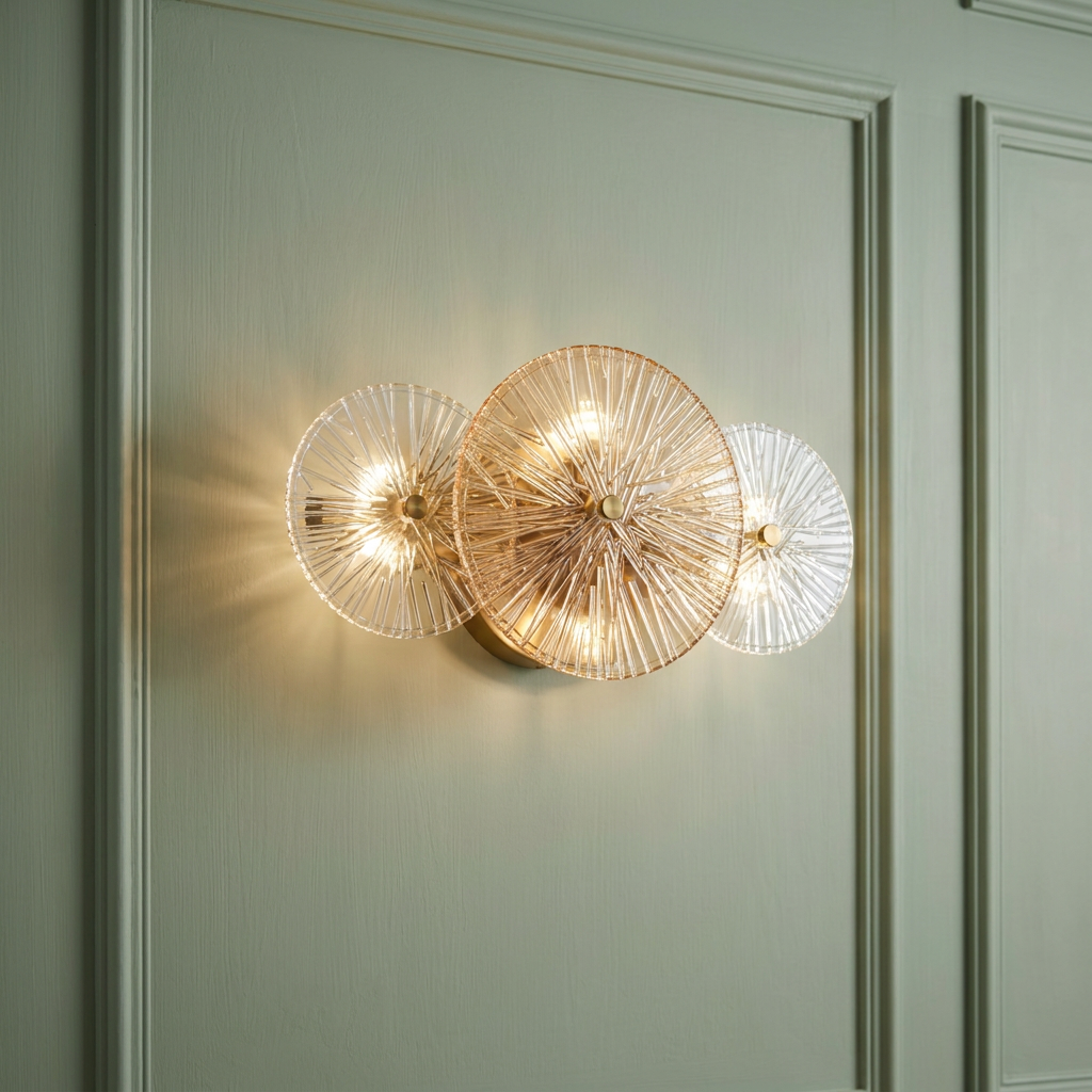 Bronze wall light featuring three sunburst-style amber and clear glass discs on a pale green paneled wall.