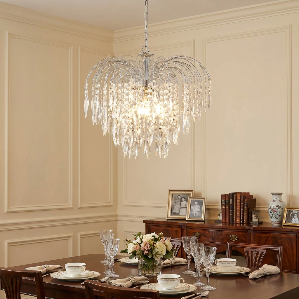 Chrome waterfall chandelier with cascading crystal drops hanging over a set dining table in a traditional room.