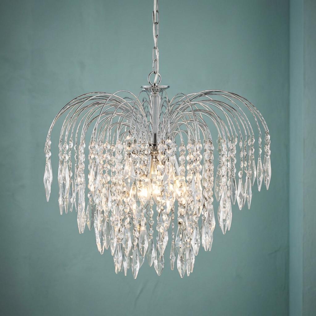 A chrome waterfall pendant light with cascading crystal drops, glowing against a soft teal background.