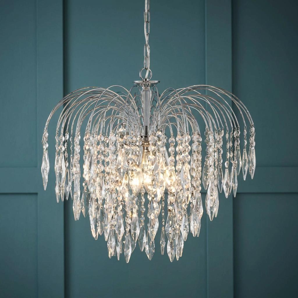 Searchlight Waterfall 5-light chrome and crystal ceiling pendant with cascading droplets against a teal wall.