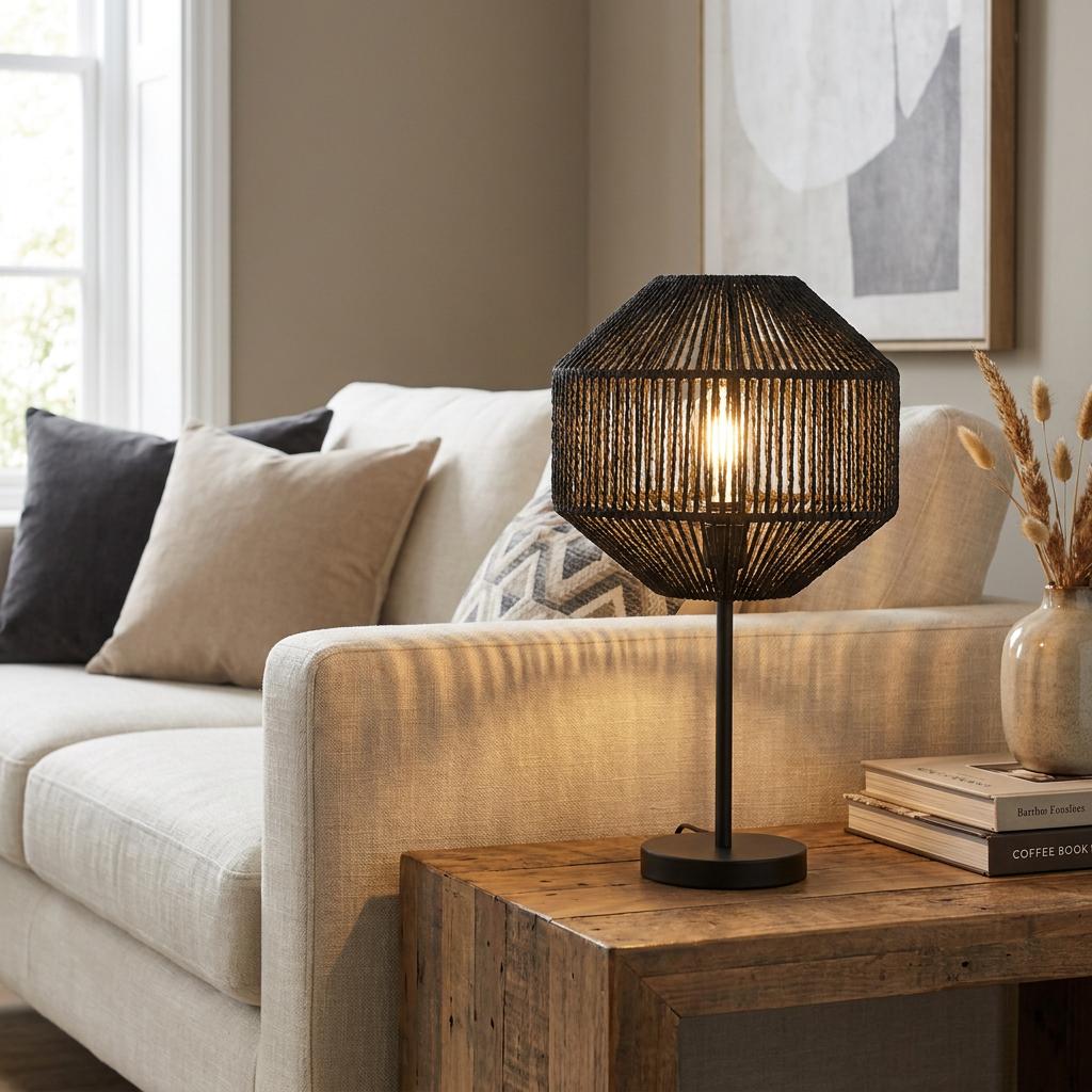 Black rope effect table lamp with a geometric shade lit on a wooden side table next to a beige sofa.