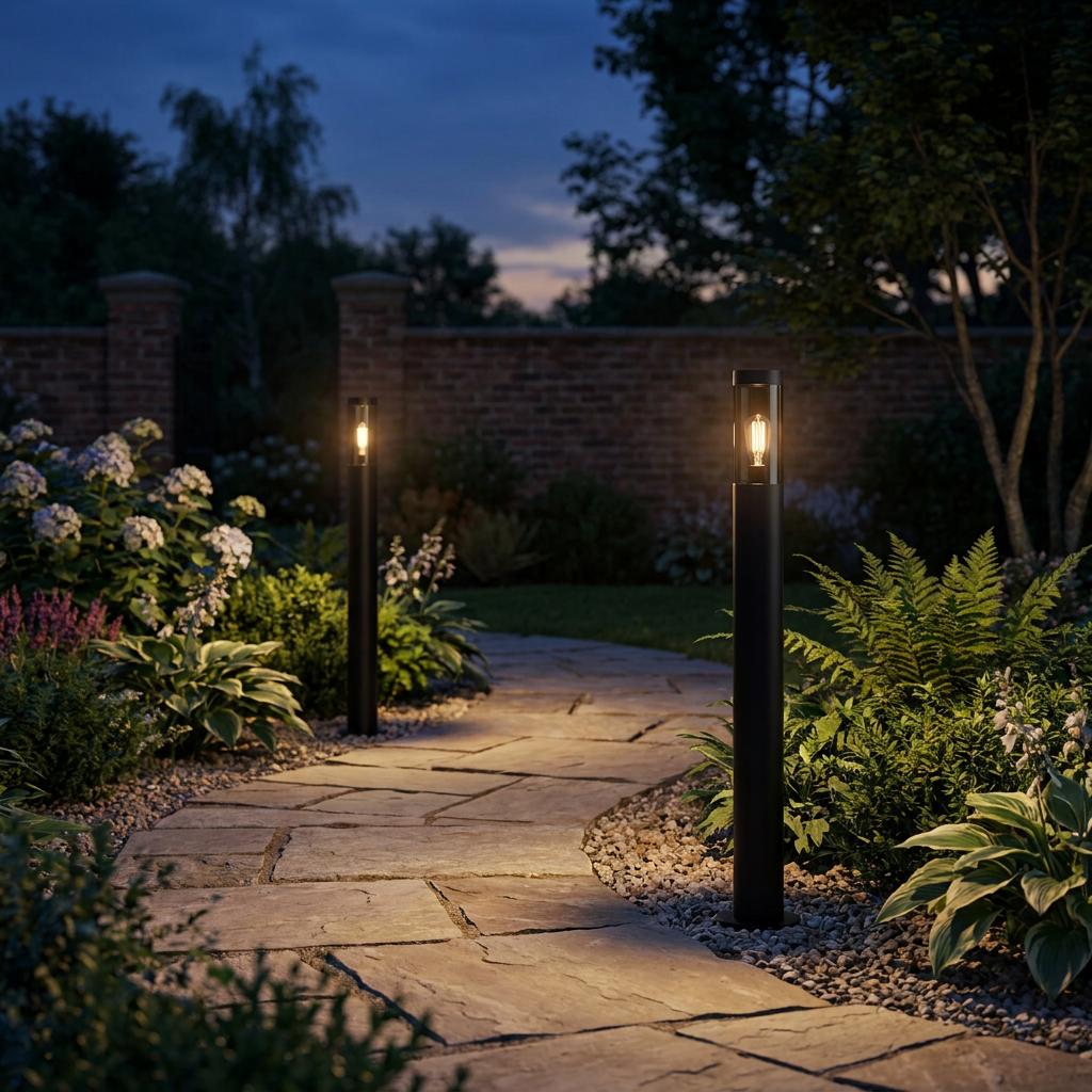 Two slim black outdoor bollard lights with warm filament bulbs illuminating a stone garden path at night.