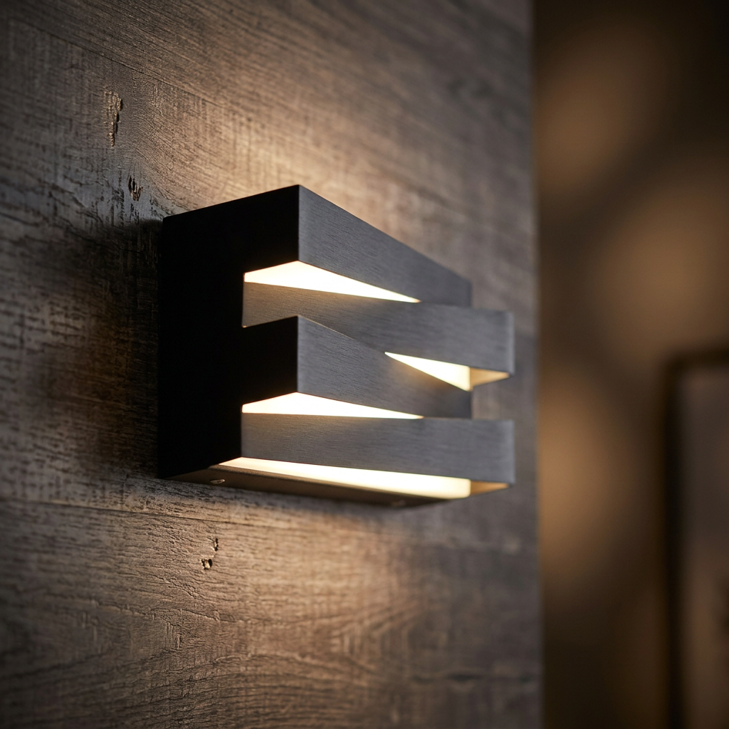 Modern sand black geometric wall light emitting a warm glow on a dark textured wood wall.