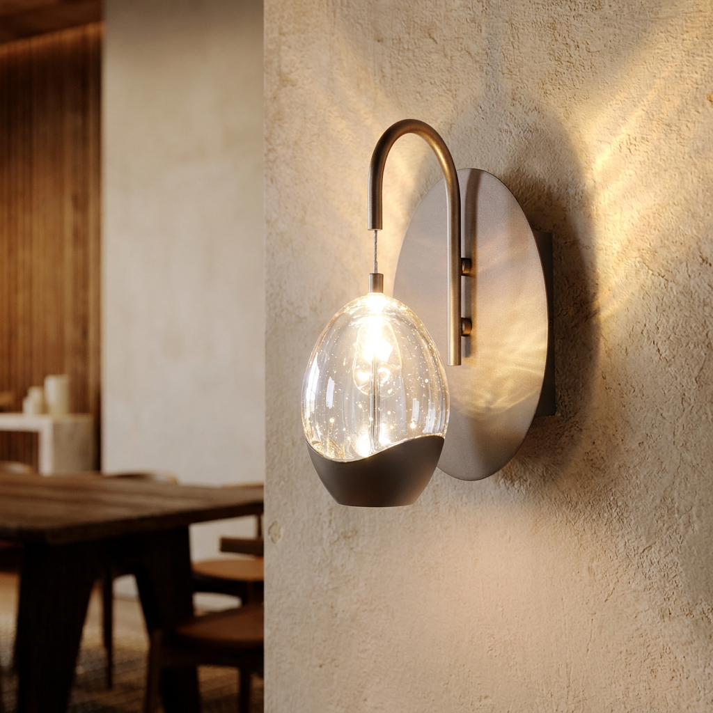 A wall-mounted LED light with a seed-glass oval shade casting a warm glow on a neutral textured interior wall.