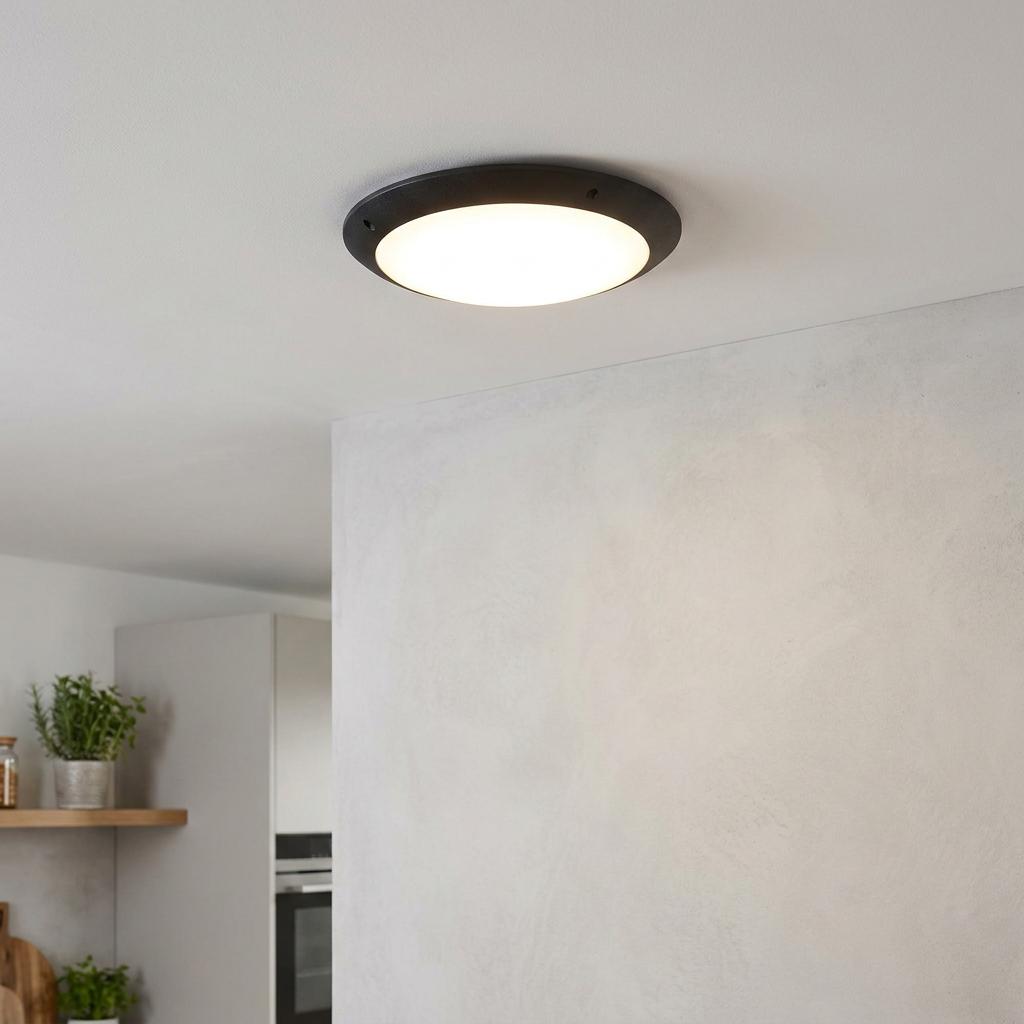 Seran black circular flush bulkhead light with an opaque diffuser mounted on a white ceiling.