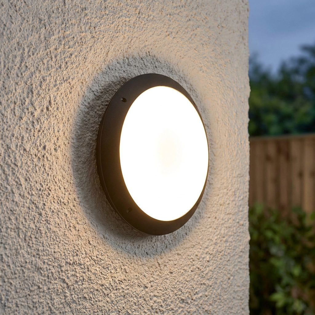 Round black outdoor bulkhead light glowing on a textured exterior wall at dusk.
