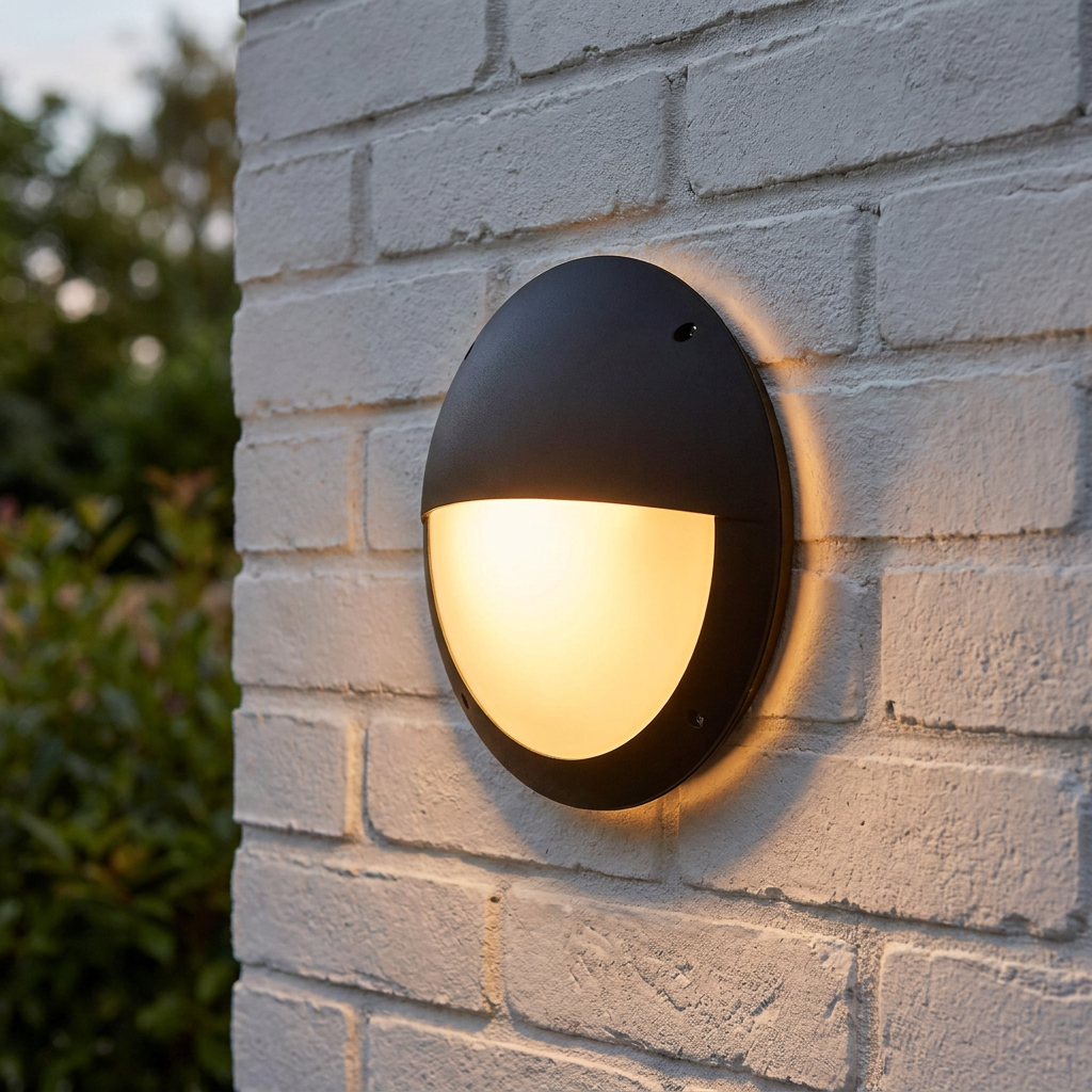 A black eyelid bulkhead light glows warmly on a white painted brick exterior wall.