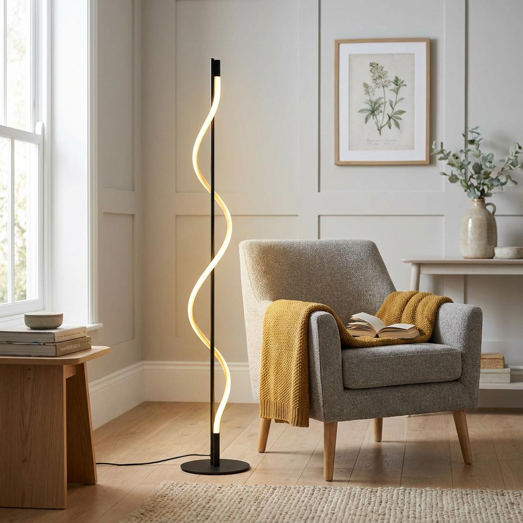 Serpent black modern LED floor lamp with a glowing wave-like light stand in a cozy living room next to a gray armchair.