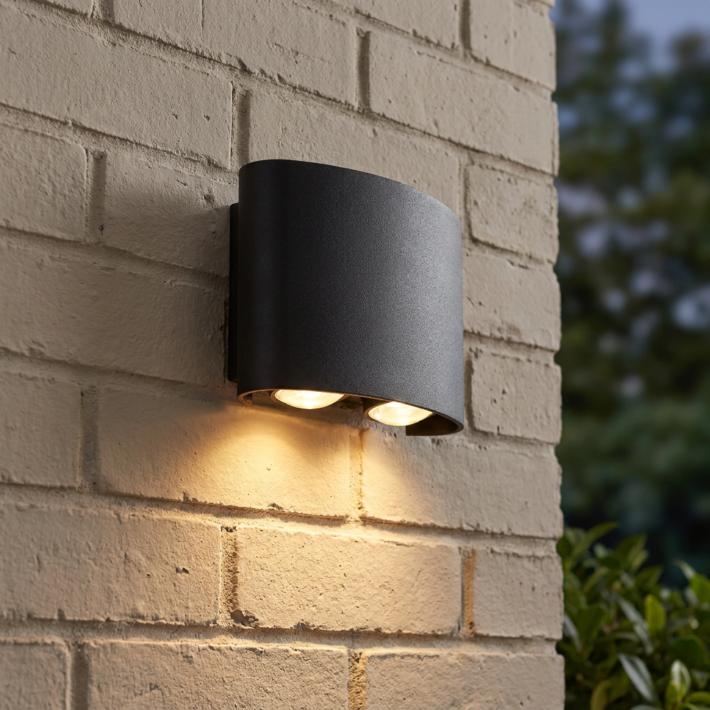 Curved black LED wall light mounted on a light brick wall, casting a warm downwards glow from two bulbs.