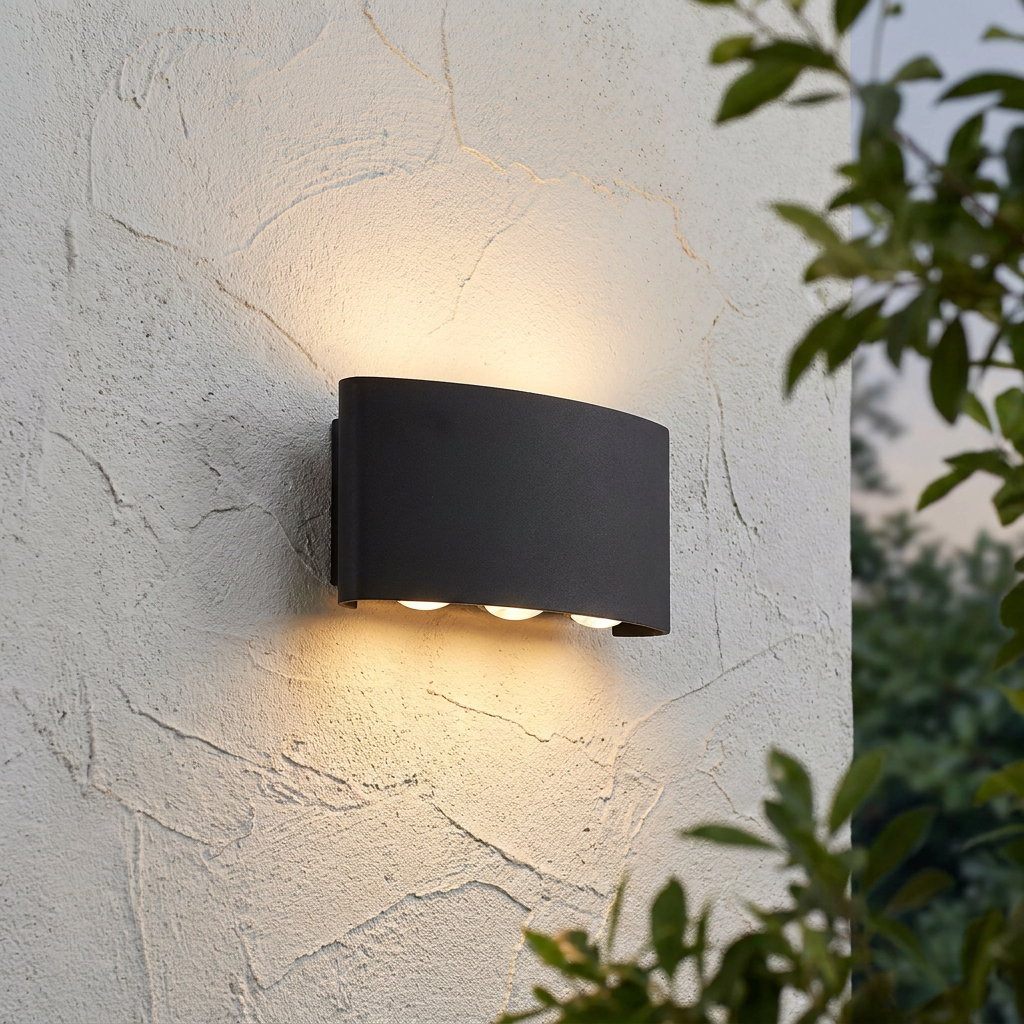 Curved black LED wall light casting a warm up-and-down glow on a textured white exterior wall.