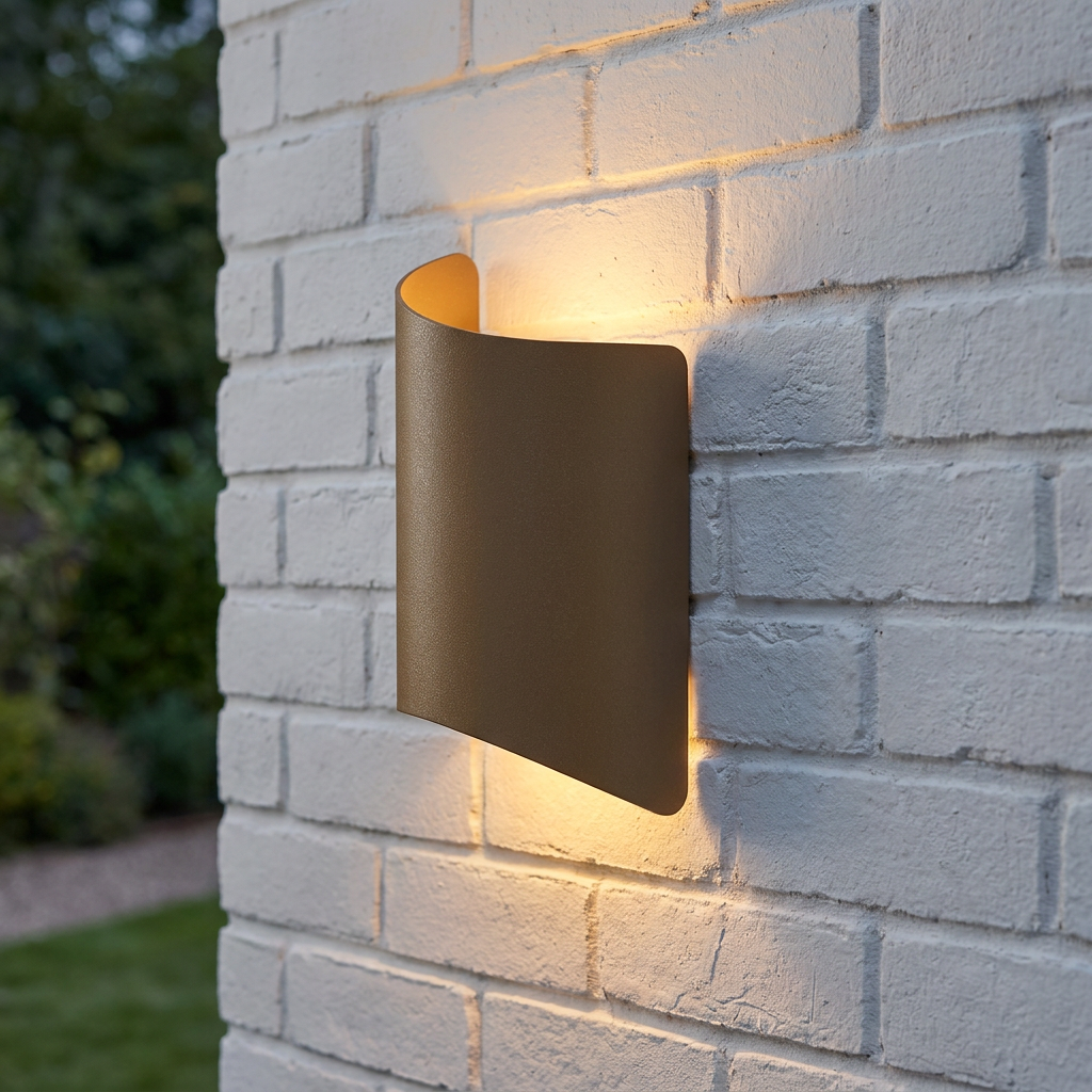 Gold curved outdoor wall light casting a warm glow upwards and downwards on a white brick wall.
