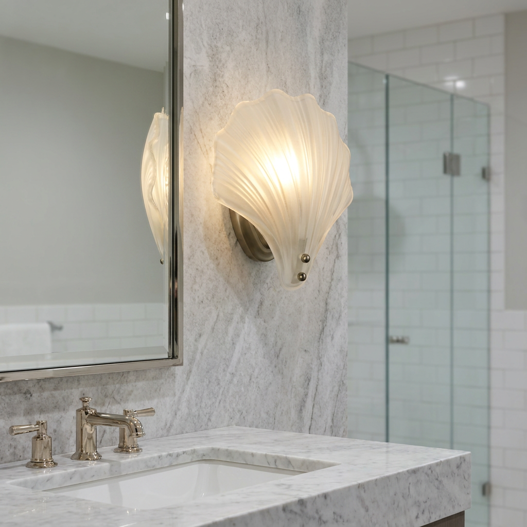 Shell-shaped glass wall light glowing on a marble bathroom wall next to a mirror and vanity sink.