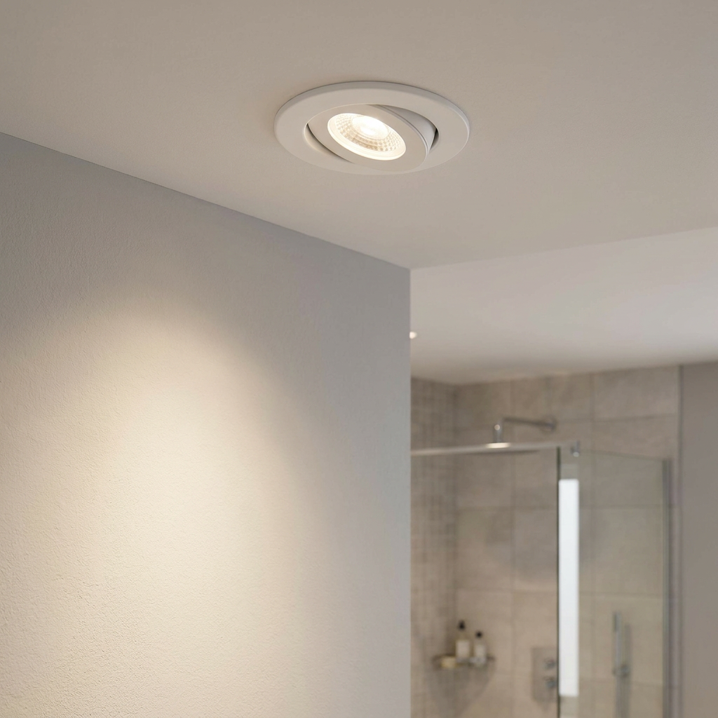 White adjustable recessed spotlight installed in a ceiling, casting warm light onto a wall.