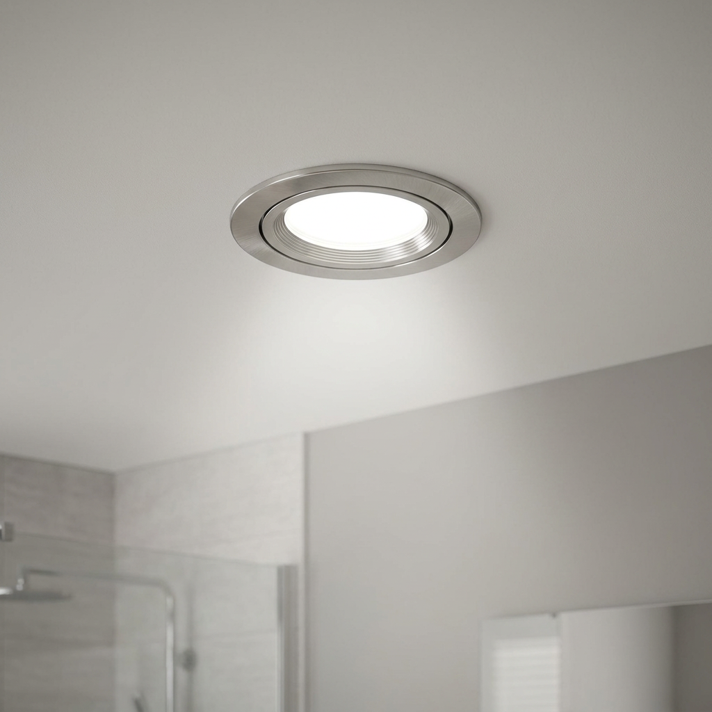 A ShieldECO 500 recessed ceiling light with a brushed nickel finish glowing in a bathroom ceiling.