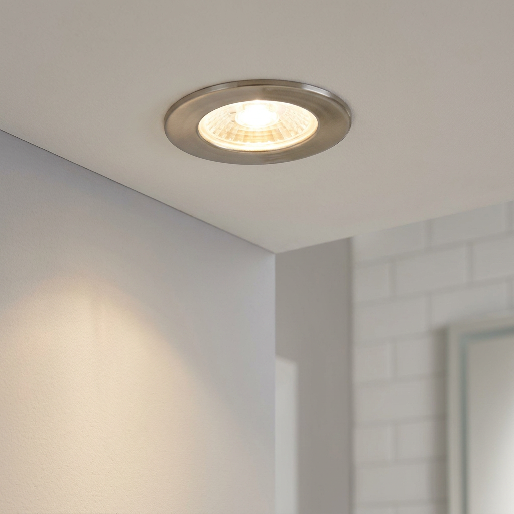 Brushed nickel recessed spotlight emitting a warm white glow from a white ceiling.