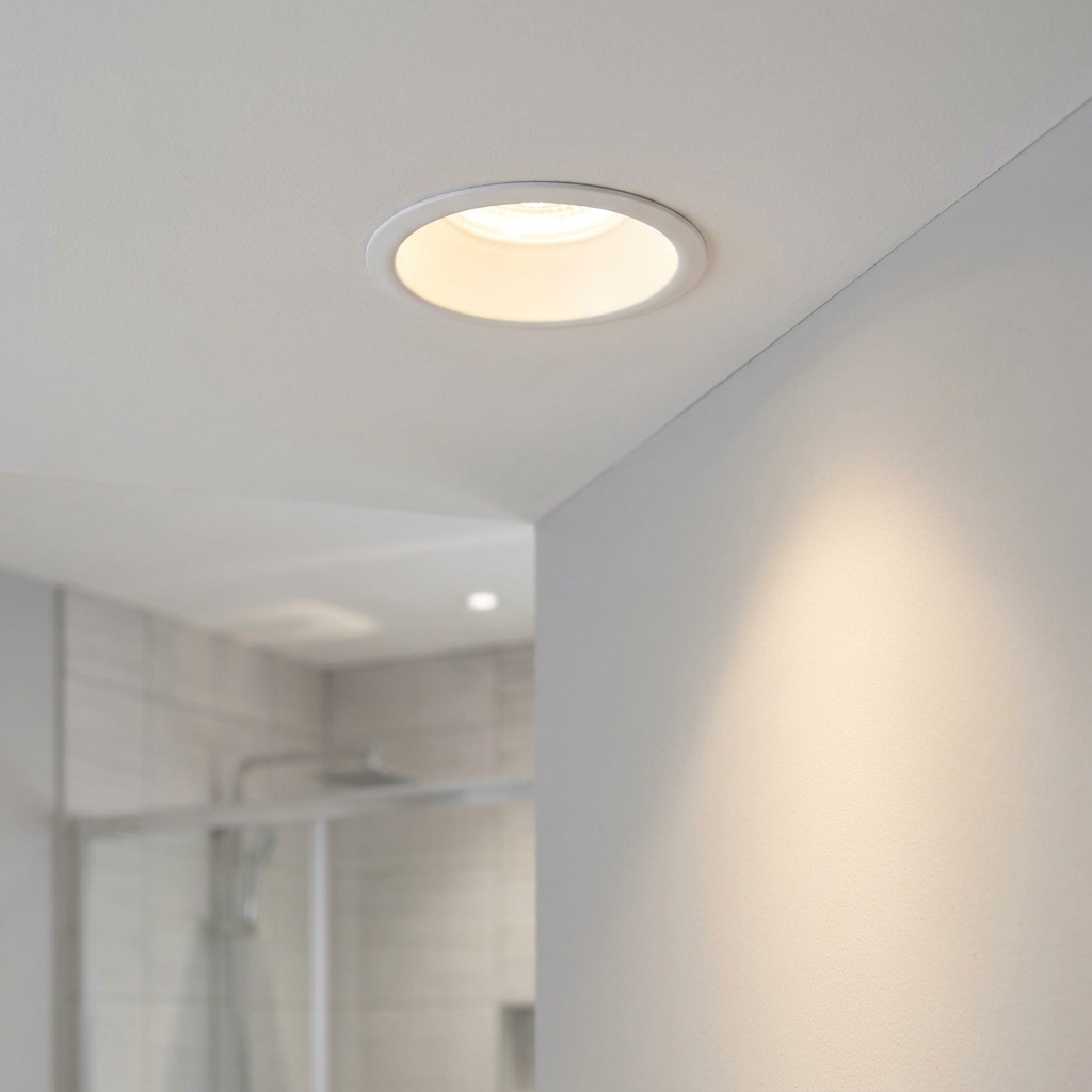 White anti-glare recessed downlight installed in a ceiling, emitting warm light near a wall corner.