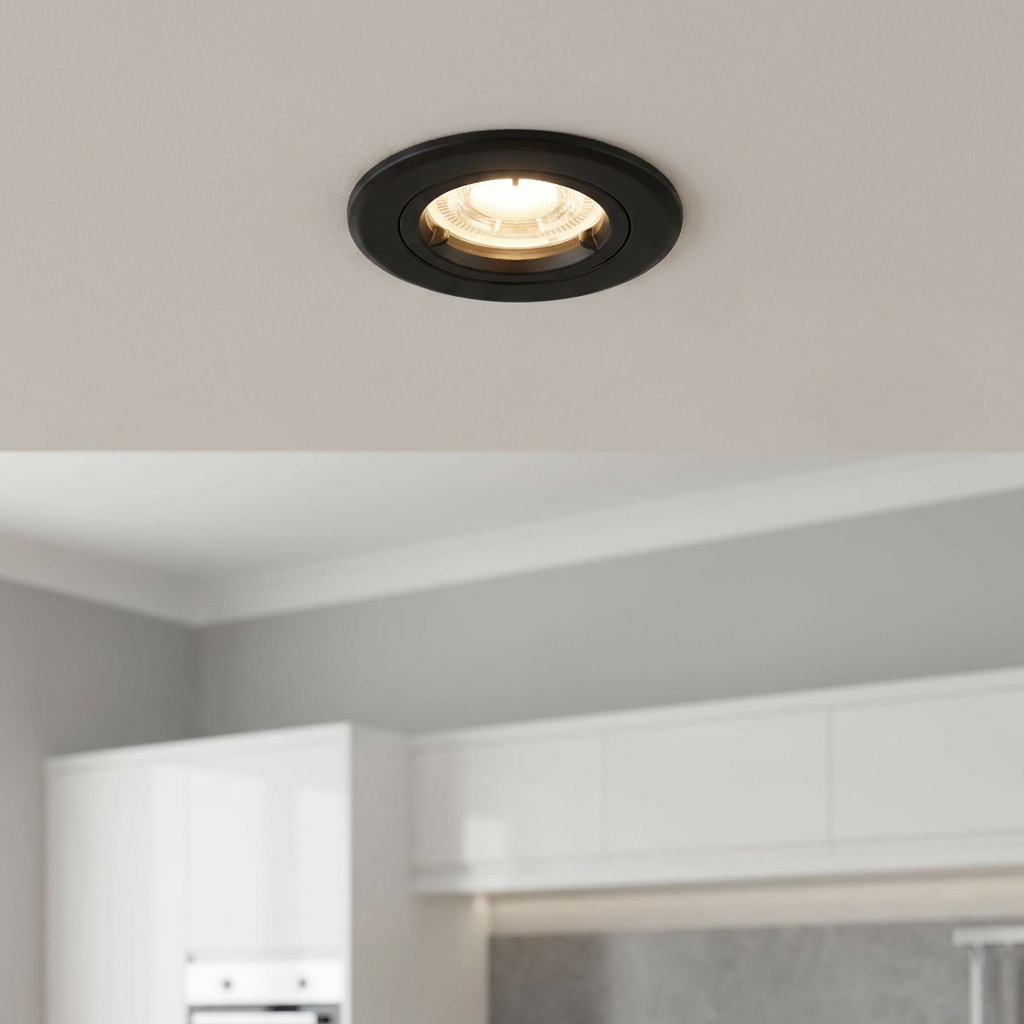 Black recessed downlight emitting warm light from a white ceiling in a modern kitchen.