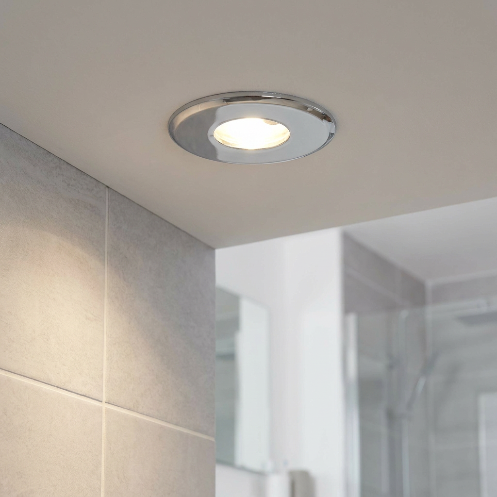 A glowing ShieldPLUS chrome recessed ceiling light installed in a modern tiled bathroom.