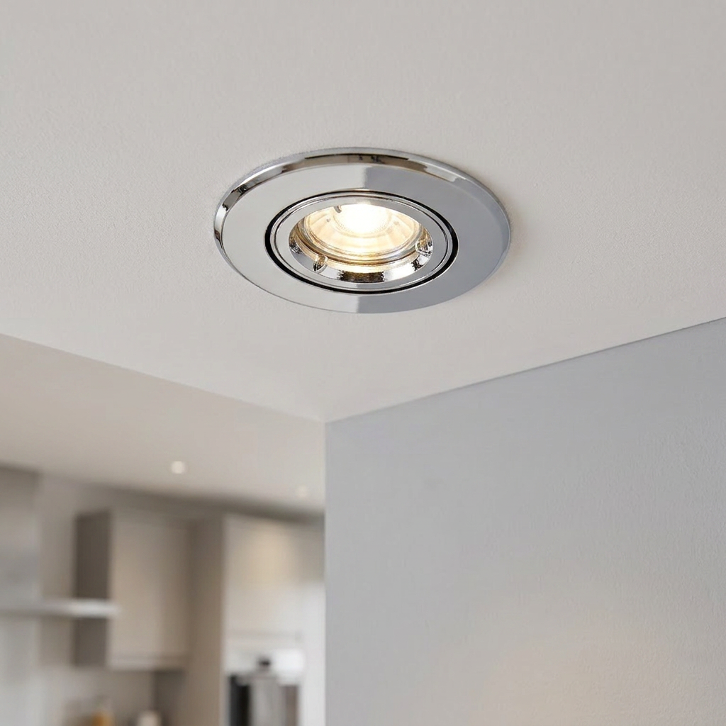 Chrome ShieldPLUS recessed tilt spotlight glowing warm in a clean white ceiling.