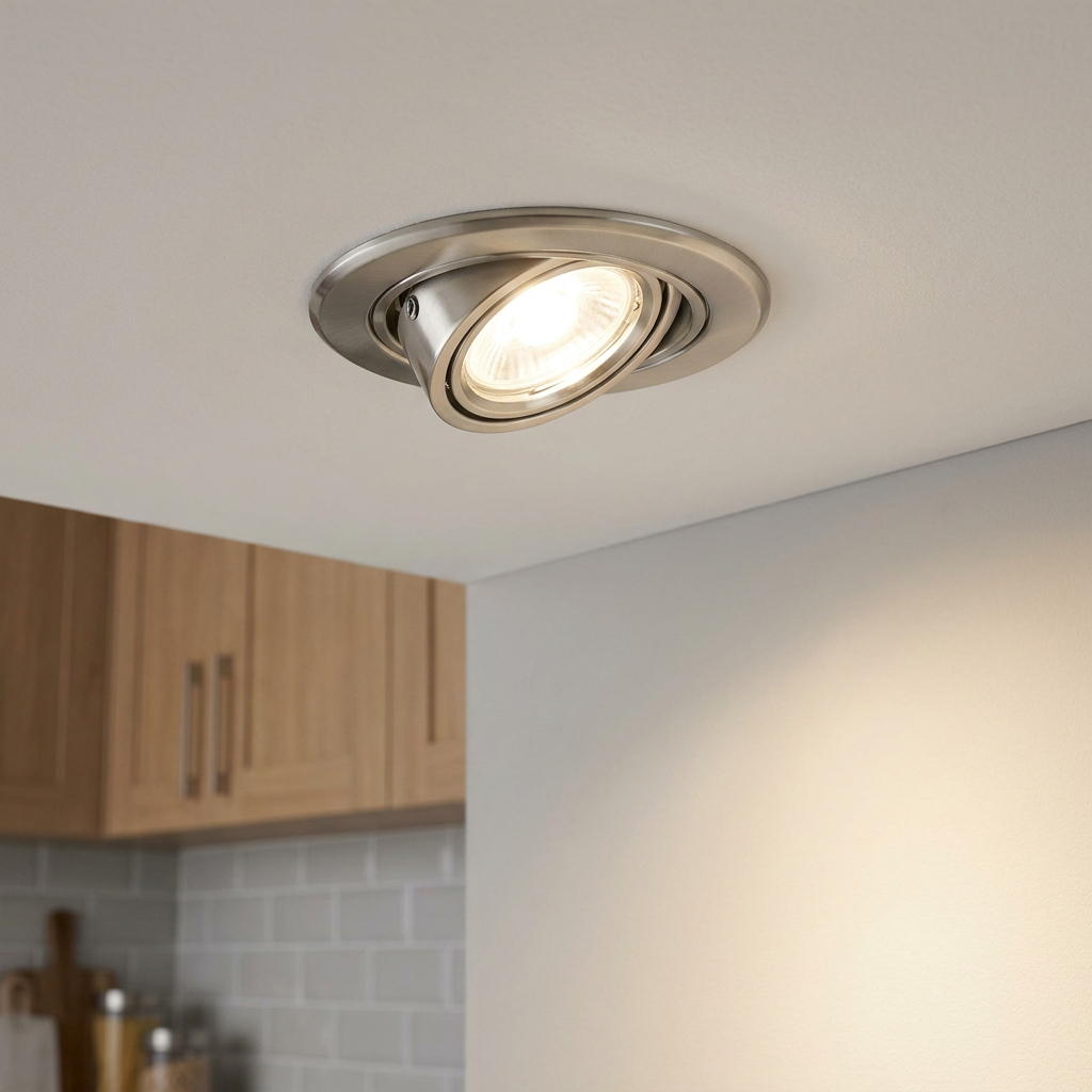 Tilted brushed nickel recessed spotlight casting a warm glow on a kitchen wall.
