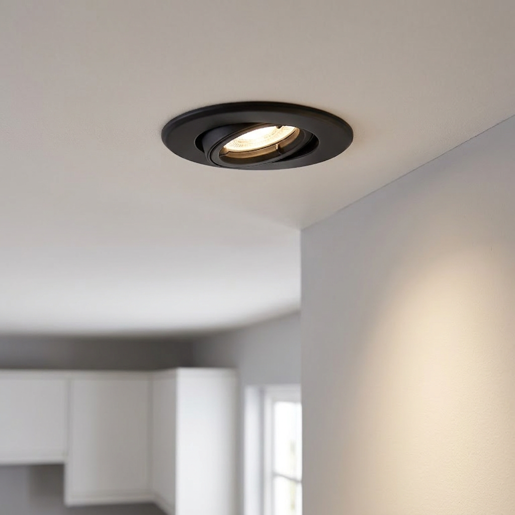 A black tilted recessed spotlight illuminated on a white ceiling.