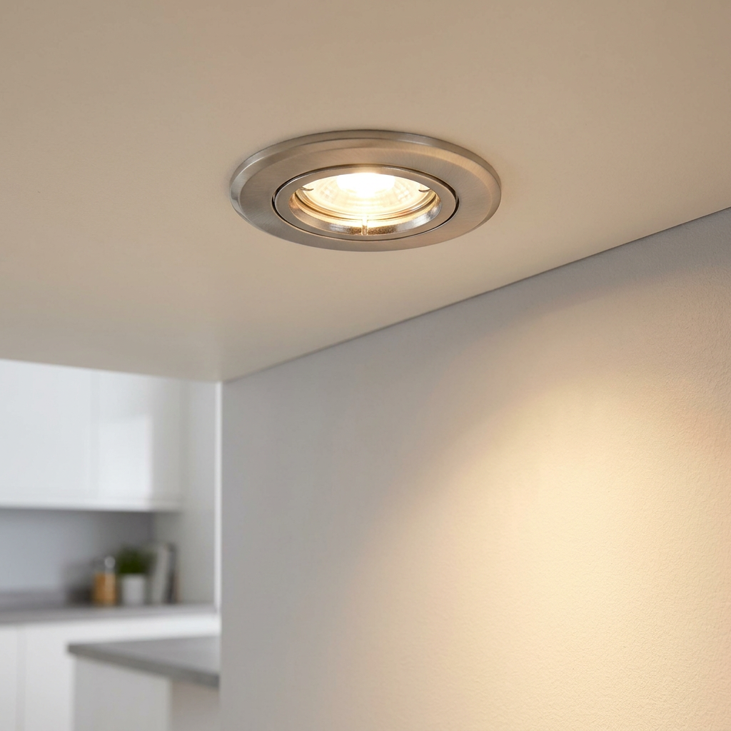 Recessed brushed nickel tilt downlight on a white ceiling casting a warm glow on the wall.