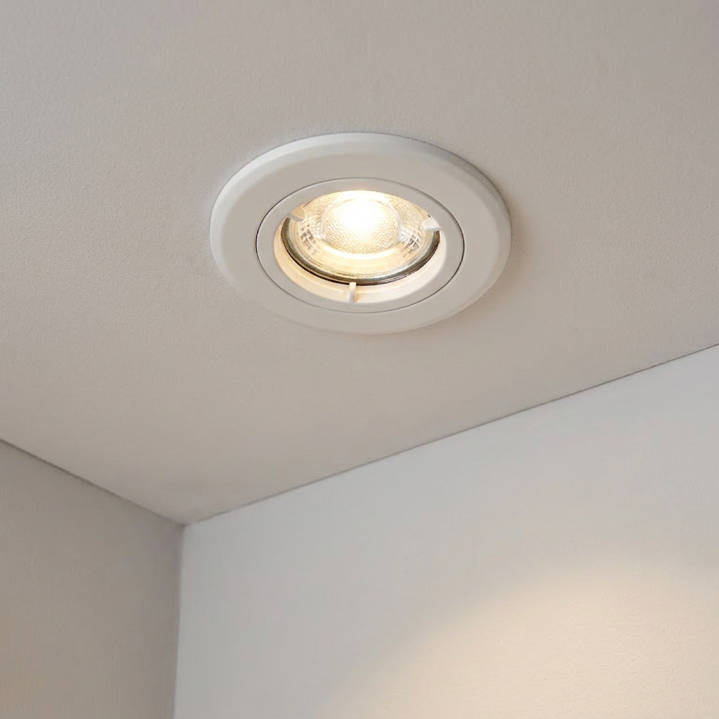 ShieldPLUS Tilt white recessed ceiling light illuminated in a plain white ceiling.