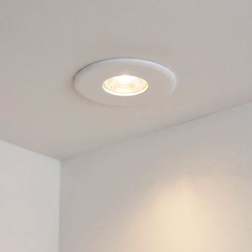 Lit ShieldPLUS white recessed ceiling downlight casting a warm glow on a white ceiling.