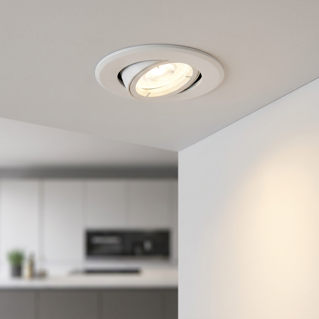 White tilted recessed spotlight glowing in a white ceiling with a blurred modern kitchen in the background.