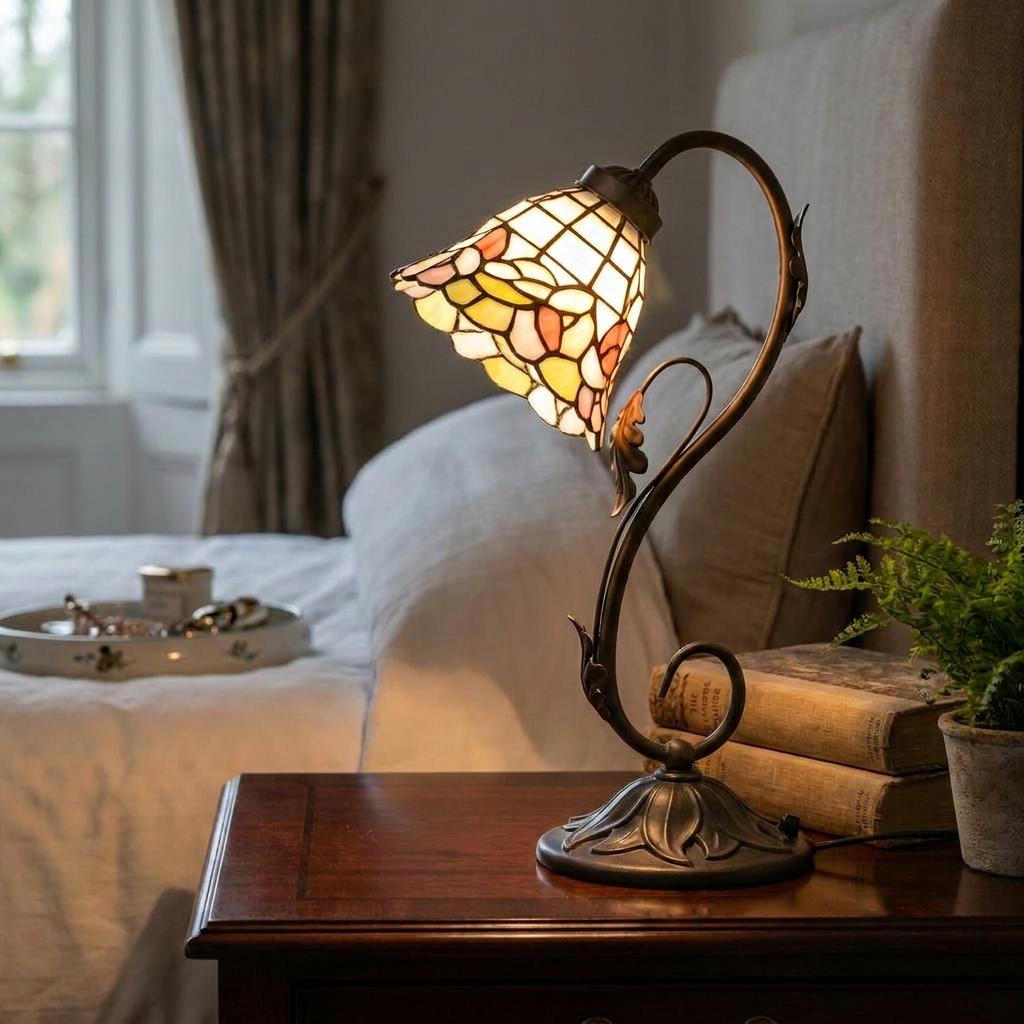 Siegfried Tiffany bedside lamp with a floral glass shade and curved bronze base on a dark wood nightstand.