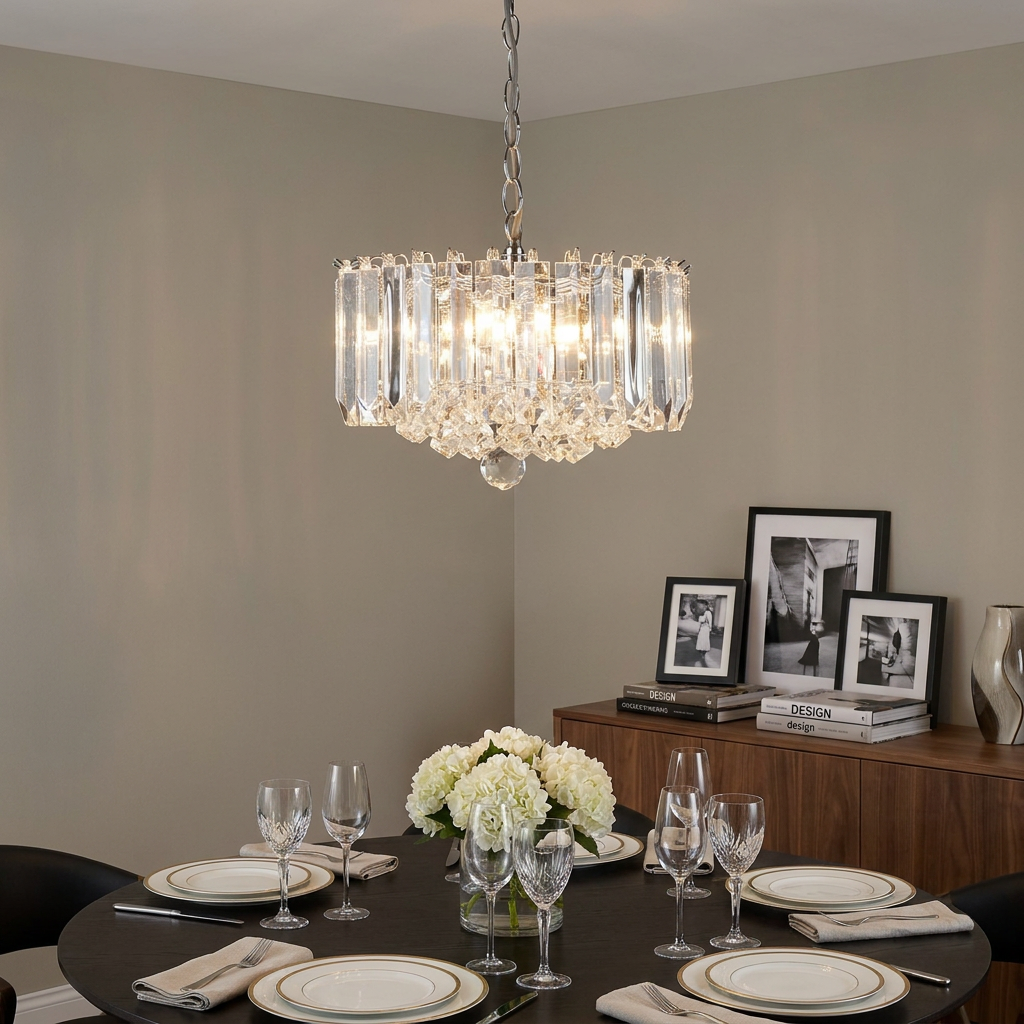 Modern chrome and acrylic 4-light chandelier hanging over an elegantly set dining table with white flowers.