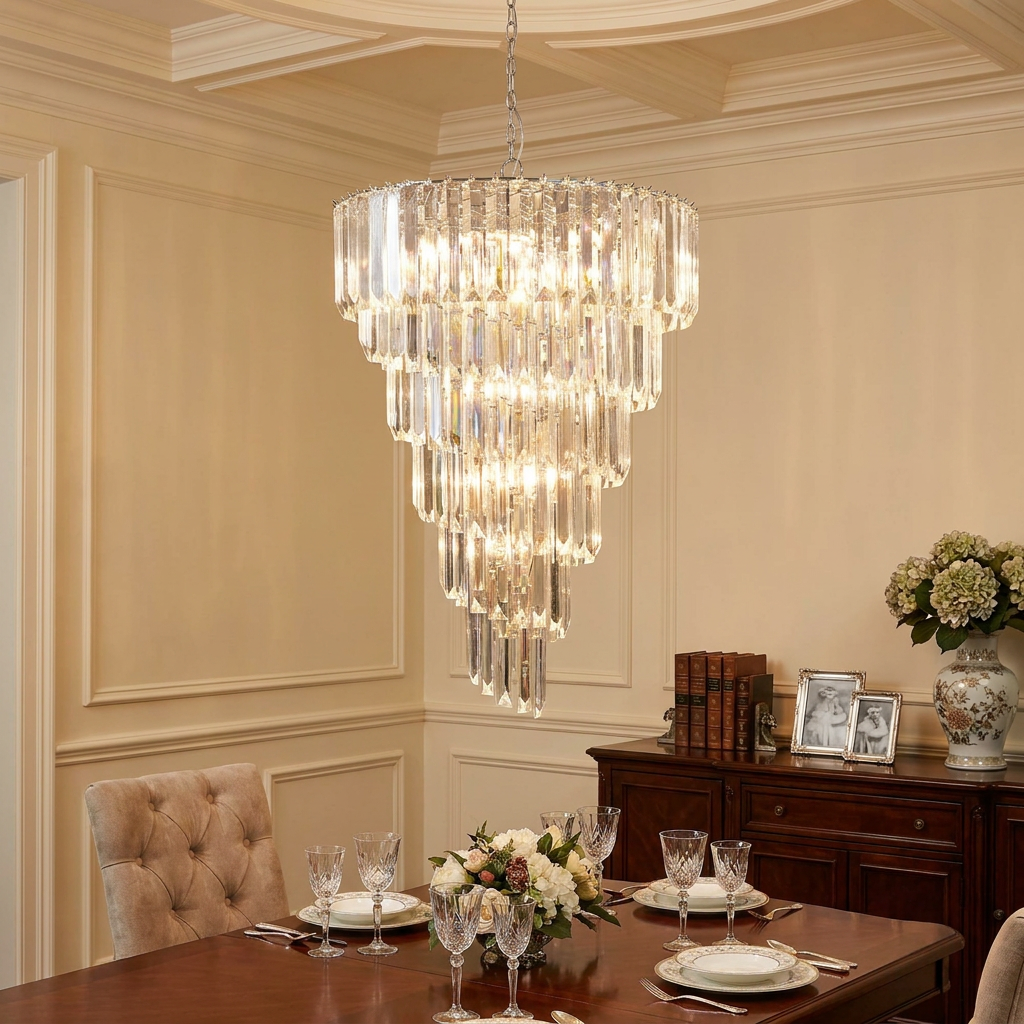Cascading tiered acrylic rod chandelier hanging over an elegant dining room table with warm lighting.