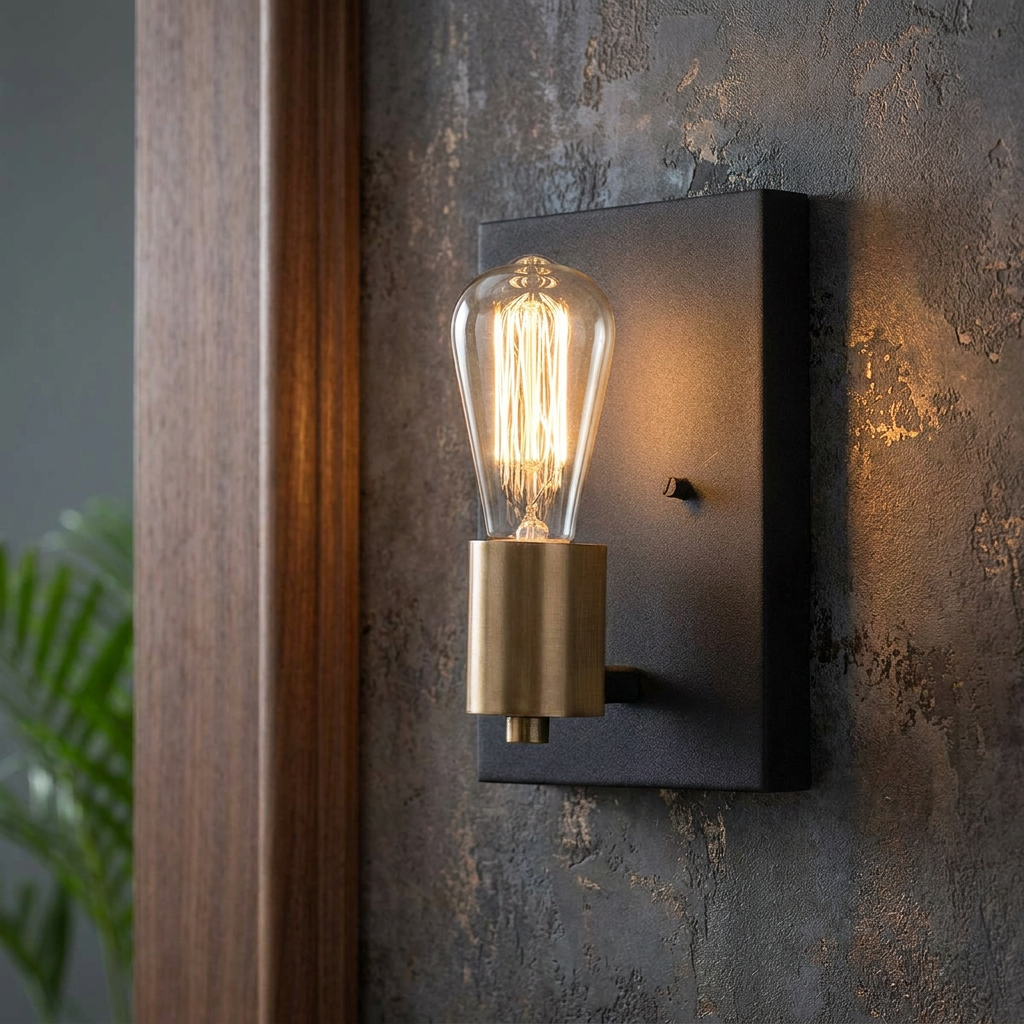 Silas 1 Light Zinc Wall Light with a brass socket and Edison bulb mounted on a dark textured wall.