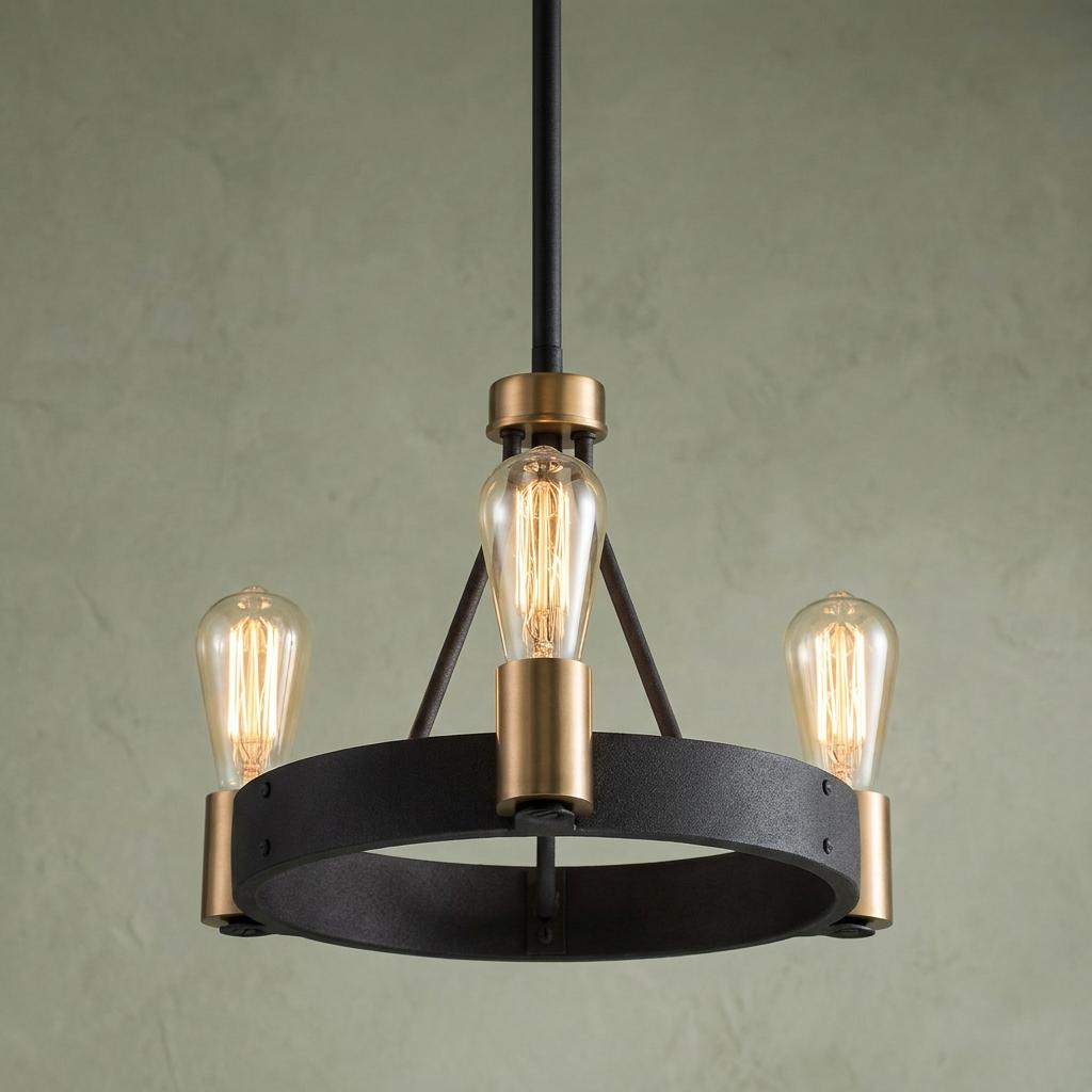 Silas 3-light pendant with a black zinc ring and brass accents, holding lit Edison bulbs against a green wall.