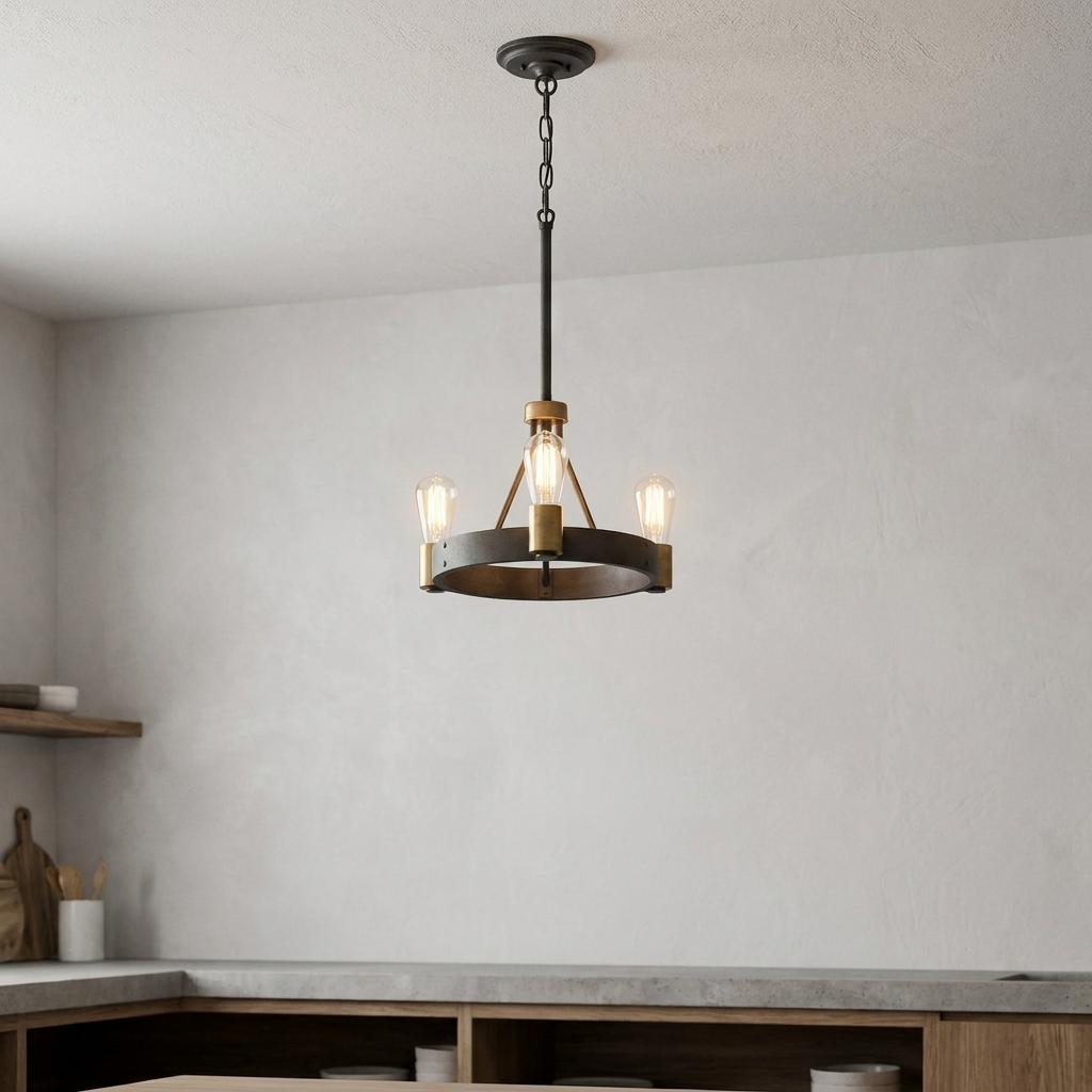 Silas three-light zinc and brass pendant with exposed Edison bulbs hanging in a minimalist kitchen.