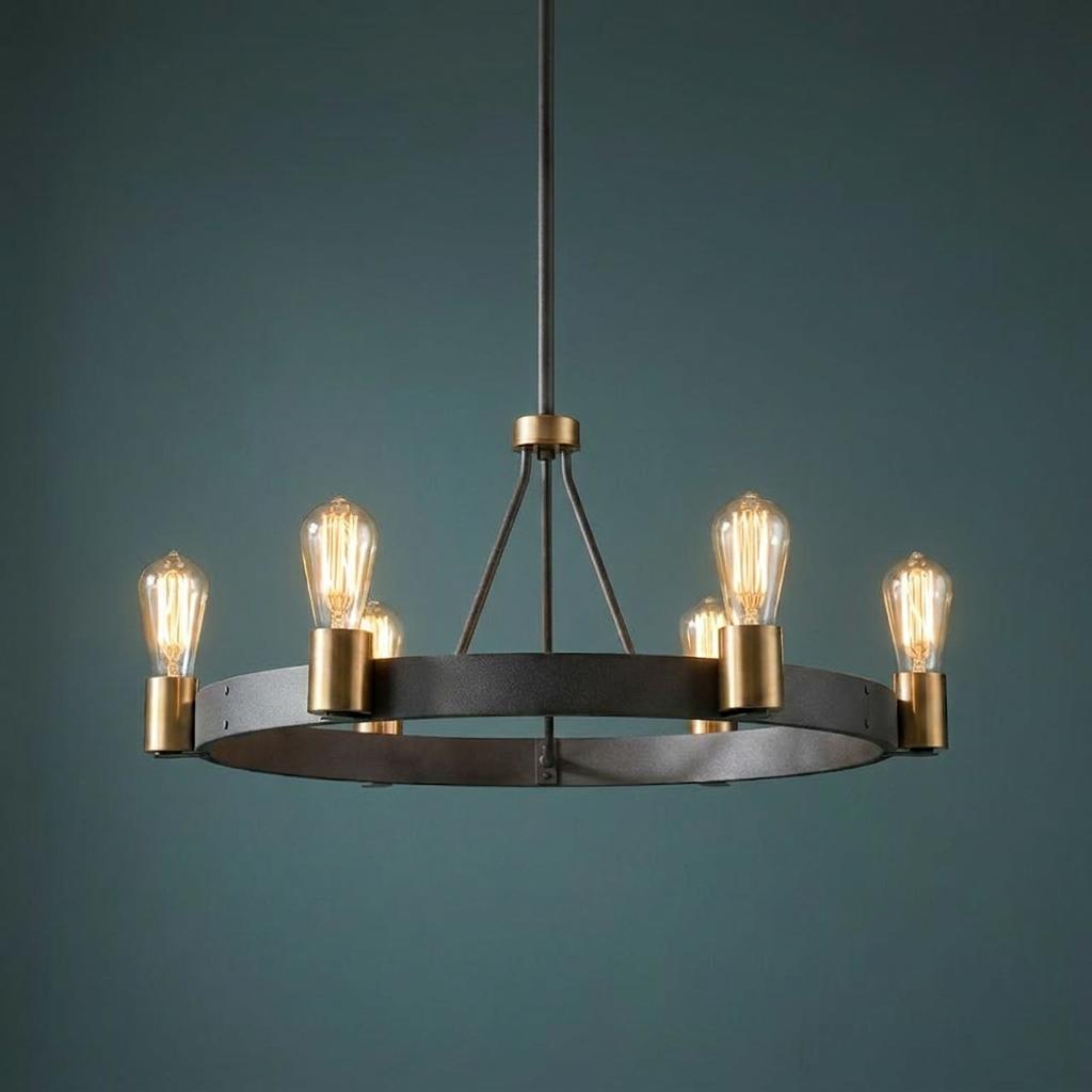 Silas 6-light zinc and brass circular pendant with glowing Edison bulbs against a dark teal background.