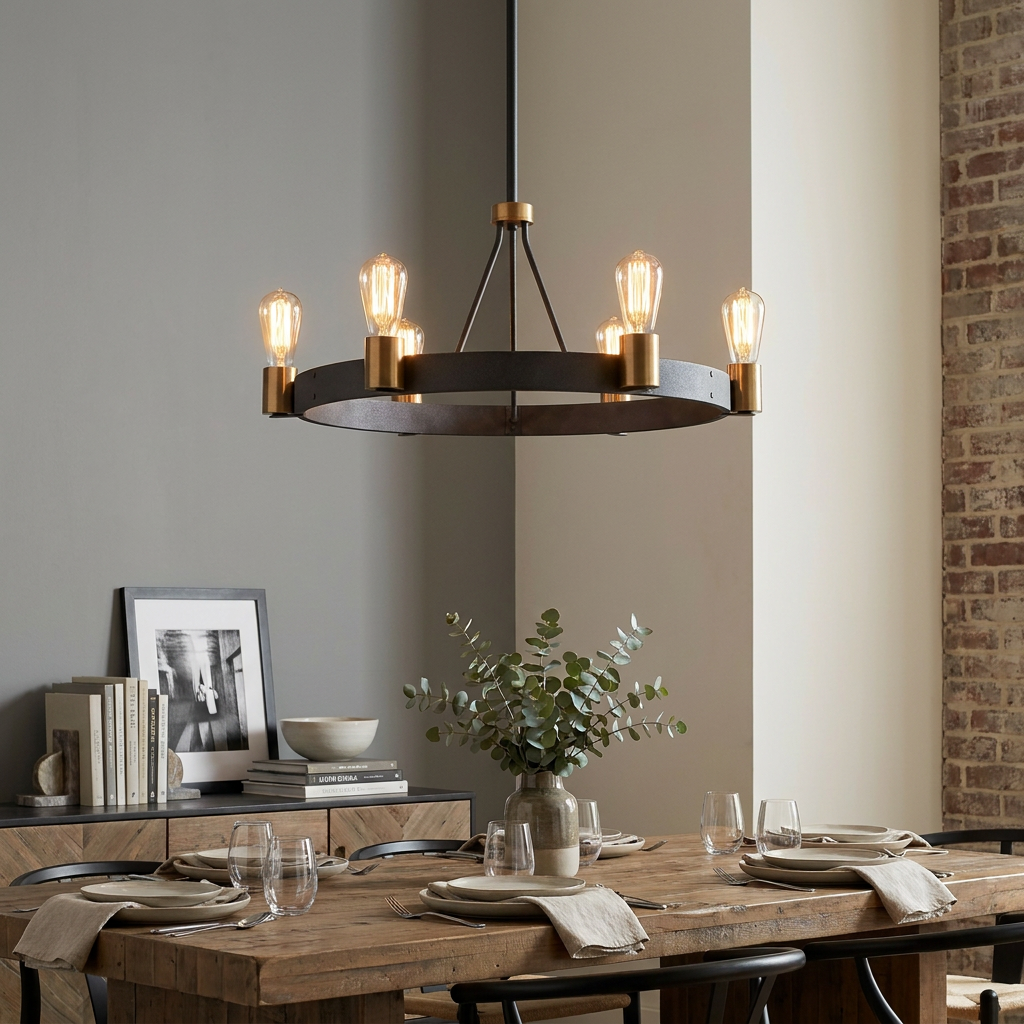 Silas 6 light zinc hoop pendant light with brass accents and Edison bulbs over a rustic set dining room table.