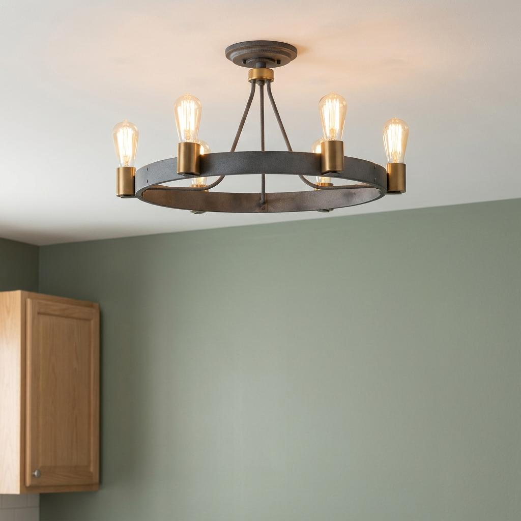 Silas 6-light zinc and brass semi-flush ceiling light with Edison bulbs in a room with a green wall.