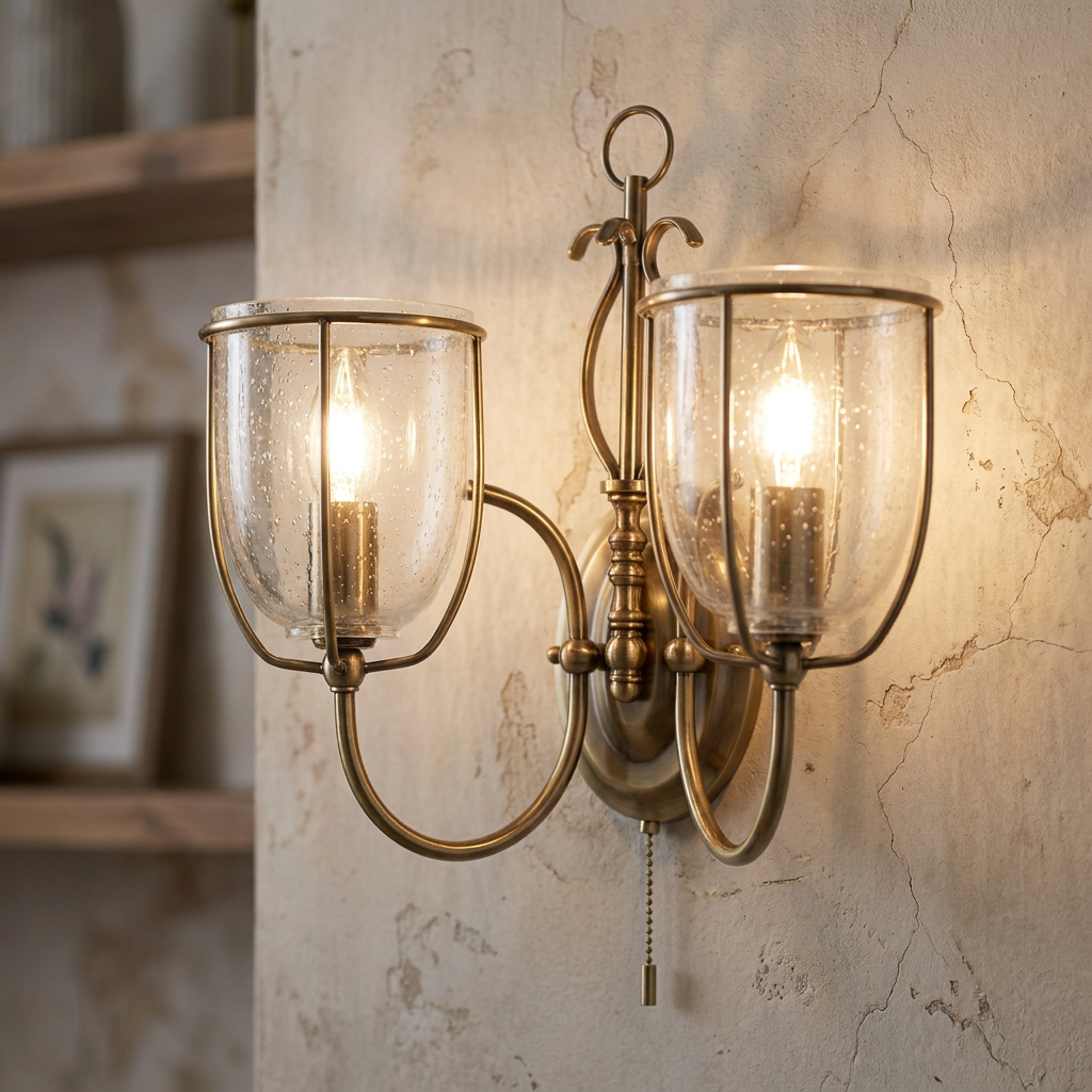 A double brass wall sconce with glowing seeded glass shades mounted on a rustic textured wall.