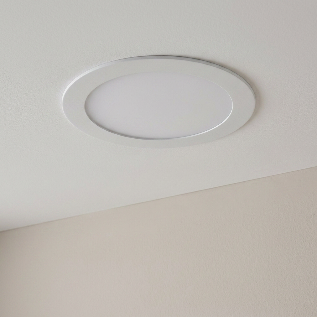 Round white LED recessed light fixture installed in a smooth white ceiling.